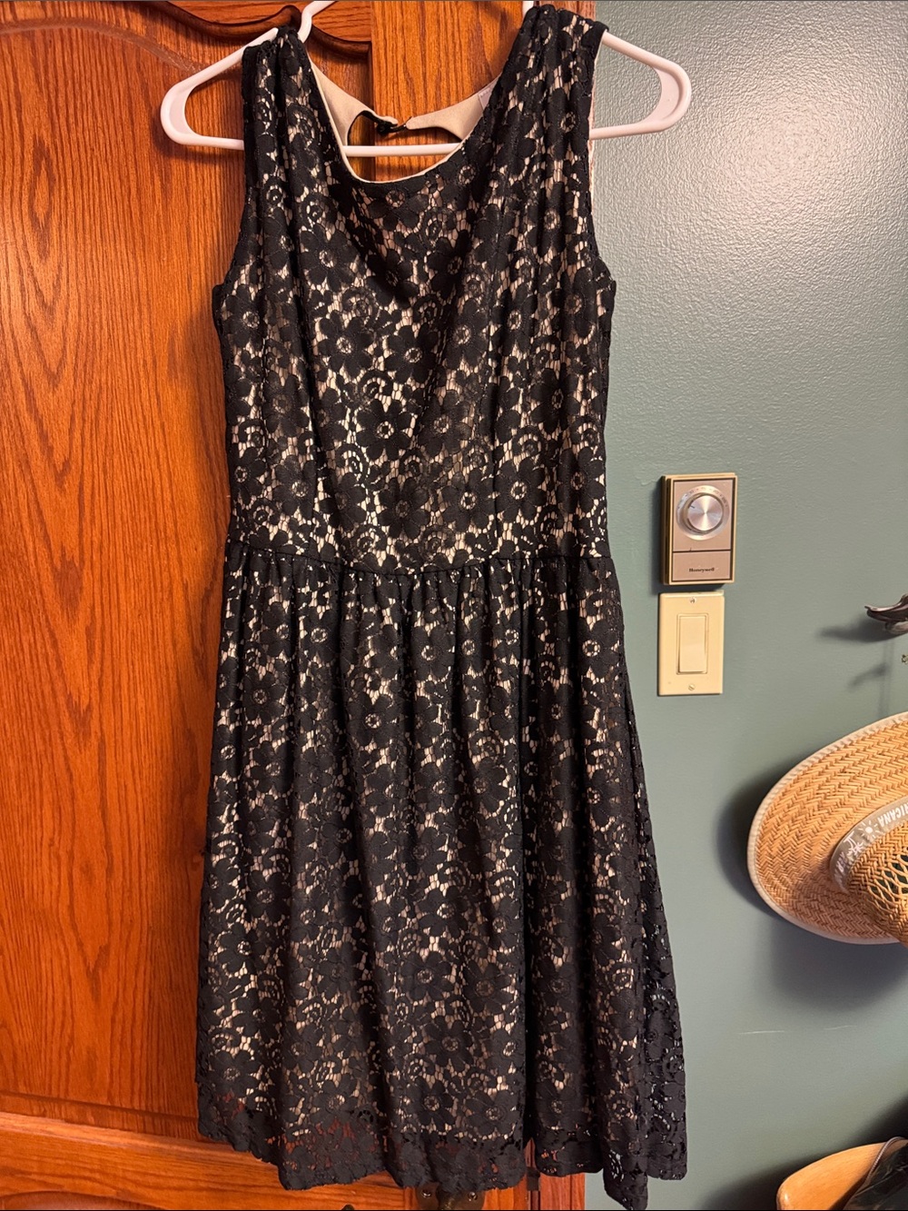 Velvet Torch Black Lace Midi Dress with Nude Underlay